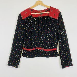 NEW Free People  Womens Medium Black Maroon Where We Roam Ditsy Top Blouse